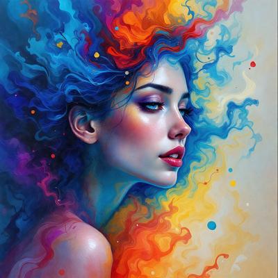 The primary subject of the image is a woman with long hair, painted in a vibrant and colorful manner. She is the main focus of the image, and her features are prominently displayed. The setting is a colorful background, which adds to the overall atmosphere of the painting. The visual style is a combination of digital art and illustration, creating a unique and eye-catching piece of art. The colors and mood of the image are lively and energetic, with a strong emphasis on the woman'